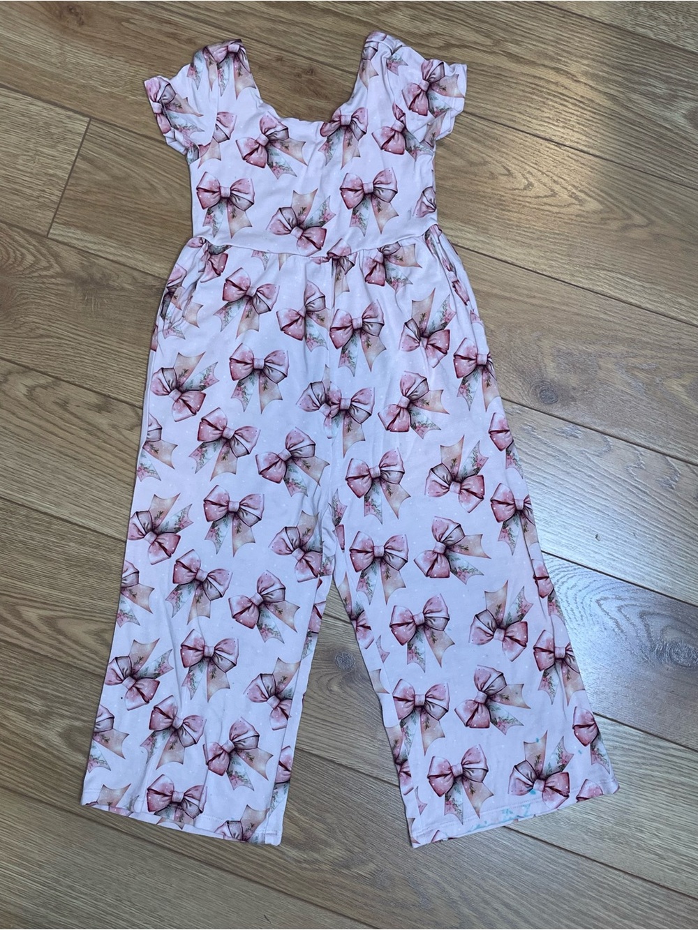 Posh Peanut Girls' Pink Bow Print One-Piece Jumpsuit 3T/4T